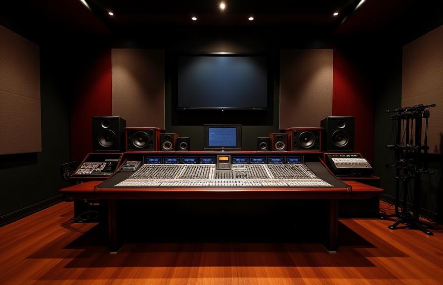 Main control room at Sonido Tropical Studios with mixing console and monitors