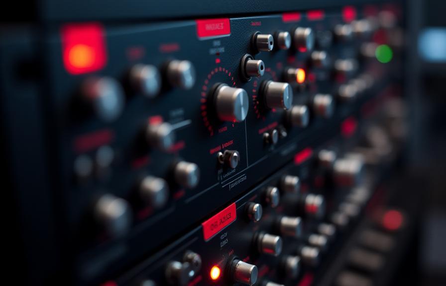 Close-up of outboard analog gear rack featuring compressors and EQs
