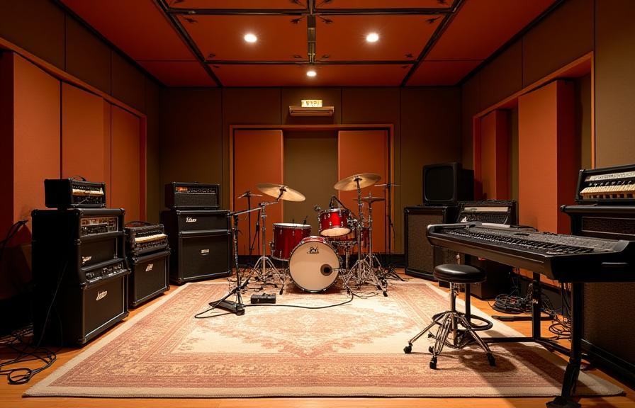 Spacious live recording room with drum kit and amplifiers