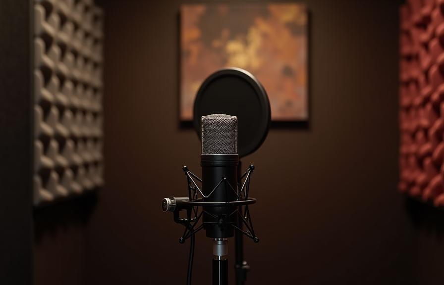 Isolated vocal booth with professional microphone setup